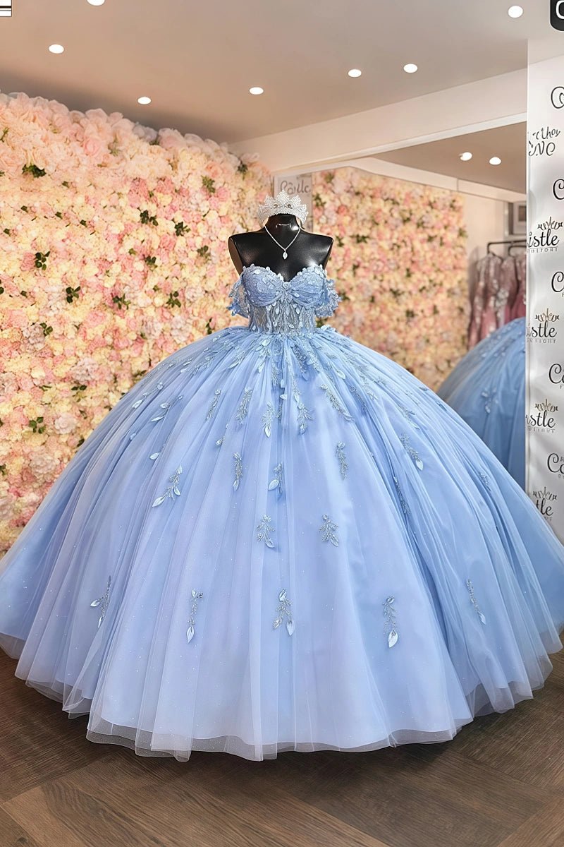 Hailey | Stunning Light Blue Flower Adorned Quince Dresses for Unforgettable Moments - Light Blue - PromDressClub