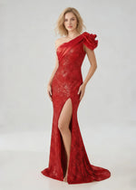 Hana Sparkly Red One Shoulder Prom Dress | Sheath Sequin 3D Flower Formal Dress with Slit - Red - PromDressClub