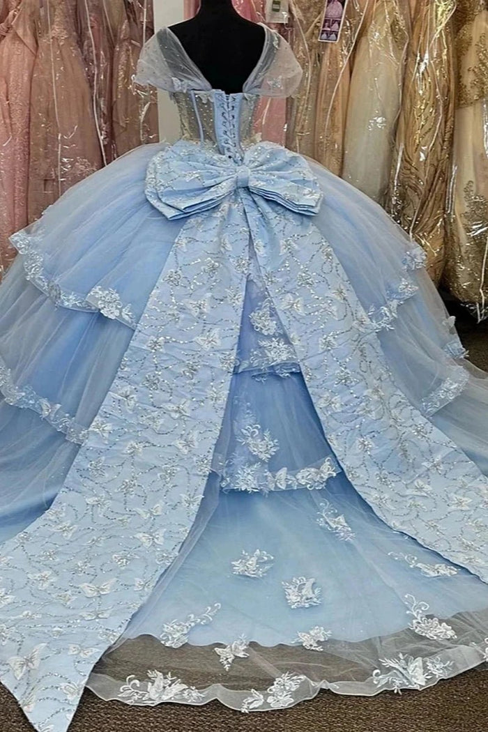 Harper | Gorgeous Light Blue Quince Dresses with Bow and Butterfly Embellishments - Light Blue - PromDressClub