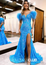 Harriet |Long Glitter Blue Prom Dresses Near Me With Mermaid Off the Shoulder Sequins Feather - Price #price_variant_lowest# - Blue - PromDressClub