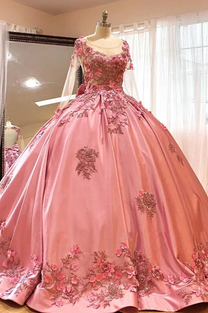 Helen | Gorgeous Long Sleeve Pink Quince Dresses for Memorable Occasions - Pink - PromDressClub