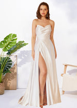 Hilda | A Line Strapless Sweetheart Neck Pleated White Satin Wedding Dress with Slit - Price #price_variant_lowest# - White - PromDressClub