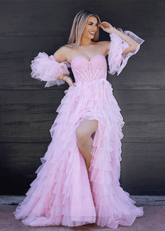 Hilda | Multi - Tiered Ruffles Glitter Light Pink Tulle Maxi Prom Dress - Light Pink - PromDressClub