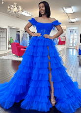 Ina | Appliqued Tiered Ruffles Royal Blue Tulle Maxi Prom Dress - Royal Blue - PromDressClub