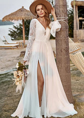 Ina | Boho Ivory Long Sleeve Wedding Dress with Slit - Price #price_variant_lowest# - Ivory - PromDressClub