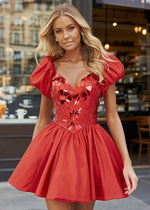 Incredible Love Red Mirror Homecoming Dress Puff Sleeves Prom Night - Red - PromDressClub