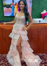 Ingrid |Long Pink Prom Dresses Websites With A Line Sweetheart Neck Layered Lace Sequins High Slit - Price #price_variant_lowest# - Pink - PromDressClub