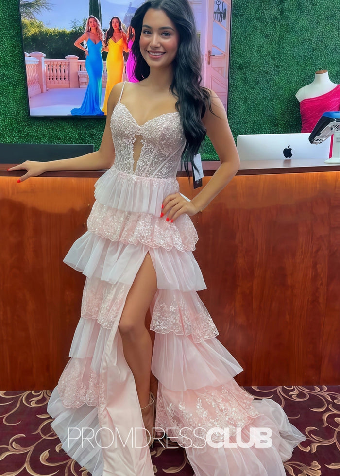 Ingrid |Long Pink Prom Dresses Websites With A Line Sweetheart Neck Layered Lace Sequins High Slit - Price #price_variant_lowest# - Pink - PromDressClub