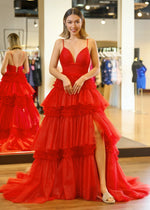 Ingrid | Tiered Pleats Ruffles Spaghetti Straps Red Tulle Prom Dress - Red - PromDressClub