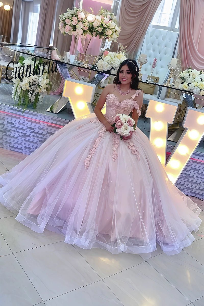 Jacqueline | Elegant Pink Quinceanera Dresses with Flower Embellishments for 15th Birthday - Light Pink - PromDressClub