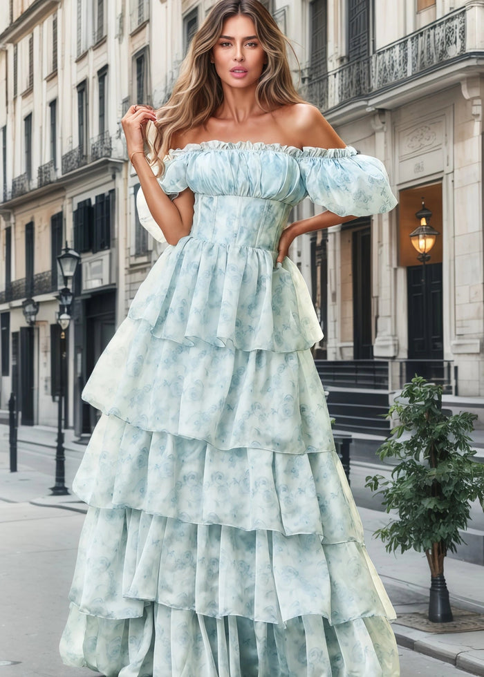 Jacqueline | Tiered Corset Light Blue Floral Long Formal Dress with Ruffles - Price #price_variant_lowest# - Light Blue Floral - PromDressClub
