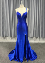 Jamie | Mermaid Royal Blue V Neck Spaghetti Strap Beaded Formal Dress with Slit - Royal Blue - PromDressClub
