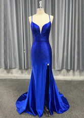 Jamie | Mermaid Royal Blue V Neck Spaghetti Strap Beaded Formal Dress with Slit - Royal Blue - PromDressClub