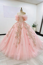 Janet | Dreamy Pink Quince Dresses with Floral Sleeve Elegance - Light Pink - PromDressClub