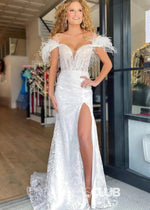 Janet |White Long Prom Dresses Near Me With Lace Feather Off - the - Shoulder Mermaid - Price #price_variant_lowest# - White - PromDressClub