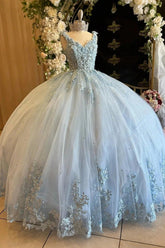 Jean | Elegant Blue Quince Dresses with Lace and Tulle Details - Light Blue - PromDressClub