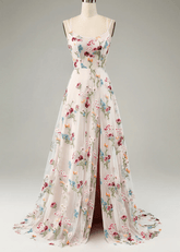 Jean | Ivory Flower A - Line Spaghetti Straps Maxi Formal Dress with Slit - Price #price_variant_lowest# - Ivory Floral - PromDressClub
