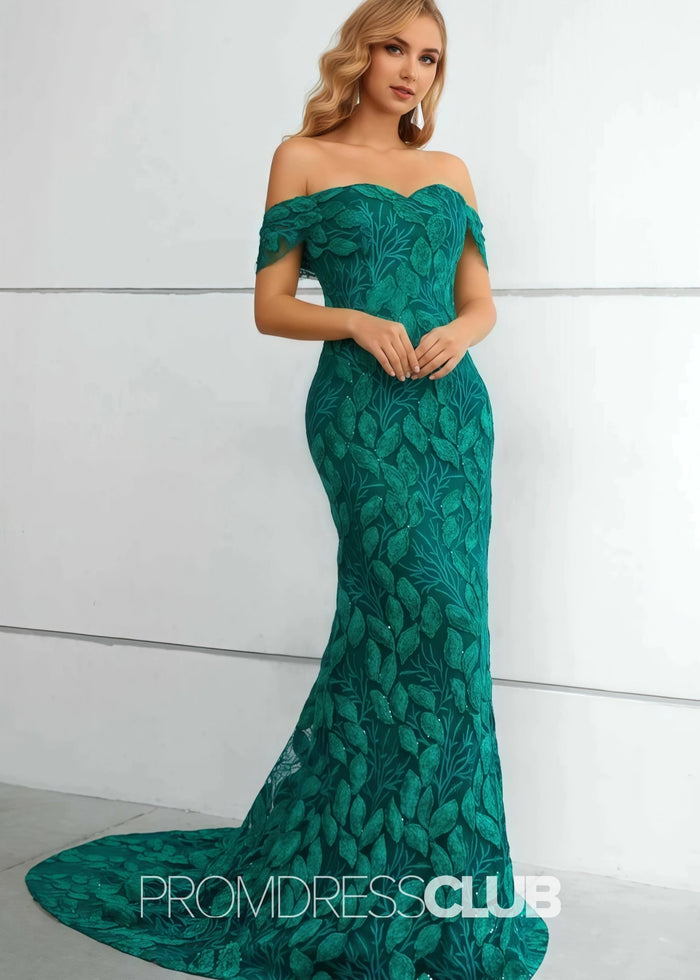 Jennifer |Long Green Prom Dresses Near Me With Mermaid Lace Off The Shoulder - Price #price_variant_lowest# - Green - PromDressClub