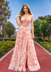Jenny | Pink Floral A - Line Corset Slit Maxi Prom Dress - Price #price_variant_lowest# - Pink Floral - PromDressClub