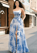 Jo | White Blue Flower A Line Ruched Corset Maxi Prom Dress - Price #price_variant_lowest# - Blue Floral - PromDressClub