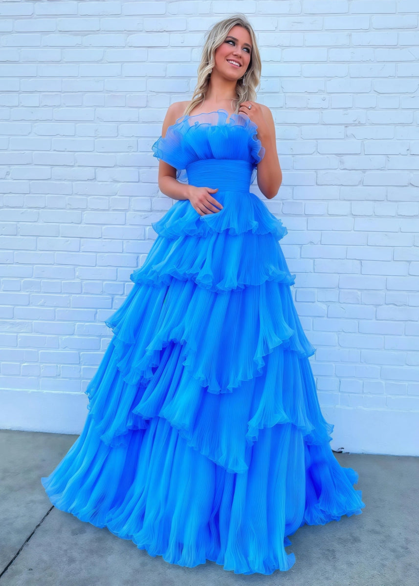 Joanna | A Line Royal Blue Light Pink Strapless Corset Formal Dress with Ruffle - Royal Blue - PromDressClub