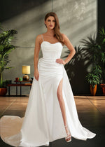 Jocelyn | Elegant Sheatn/Column Ivory Satin Spaghetti Strap Corset Wedding Dress with Side Slit - Ivory - PromDressClub