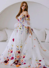 Josephine | Exquisite White Flower Strapless Long Sleeve Corset Wedding Dress - White Floral - PromDressClub