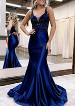 Josephine | Mermaid Navy Blue Black V Neck Corset Backless Lace Satin Formal Dress - Navy Blue - PromDressClub