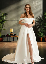 Joyce | A Line/Princess Off the Shoulder Sweetheart Neck Satin Ruched Wedding Dress with Slit - Ivory - PromDressClub