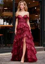 Kaleido Burgundy Sequins Ruffle Prom Dress | A - Line Off the Shoulder Sweetheart Neckline Tiered Dress with Slit - US0 - PromDressClub