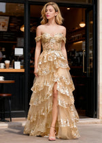 Kaleido Gold Sequins Ruffle Prom Dress | A - Line Off the Shoulder Sweetheart Neckline Tiered Dress with Slit - US0 - PromDressClub