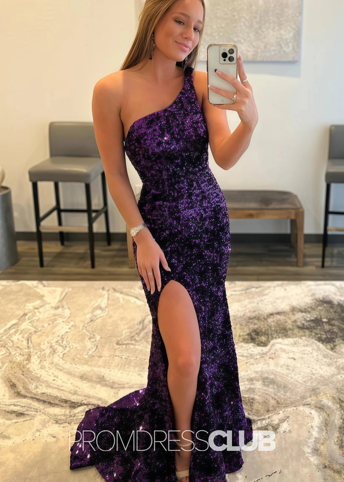 Karen |Long Purple Prom Dresses Near Me With One Shoulder Sequin Mermaid Slit - Price #price_variant_lowest# - Purple - PromDressClub