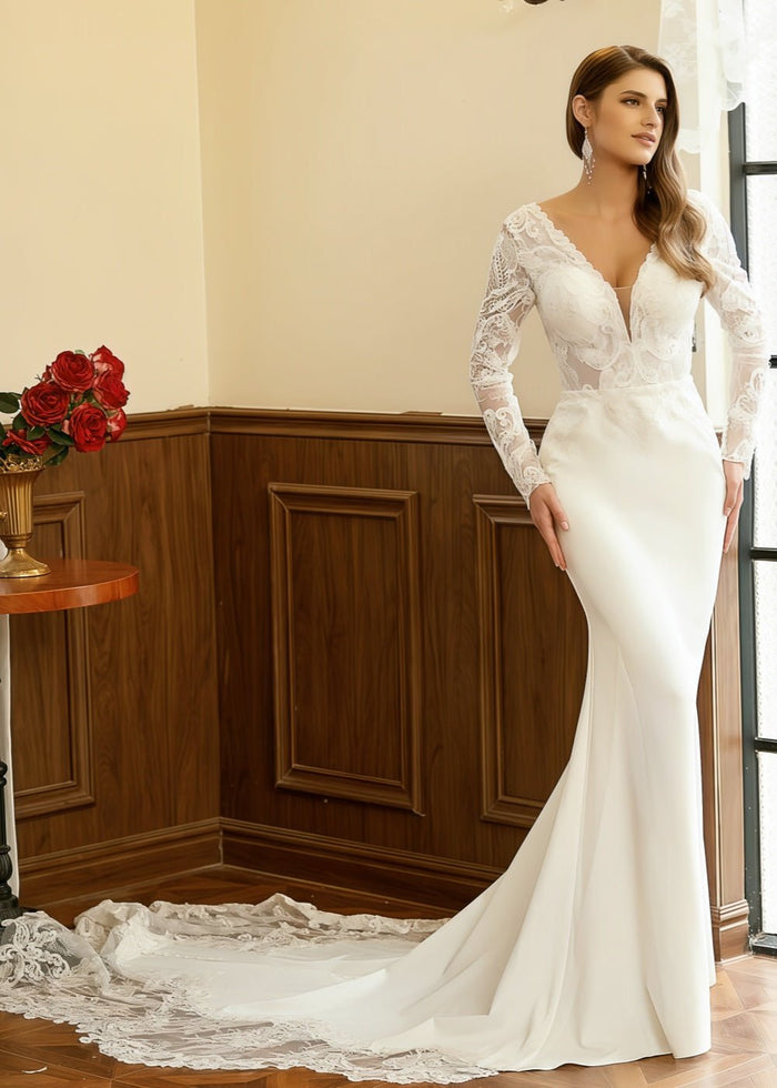 Kimberley | Long Sleeve Lace Mermaid V Neck Ivory Wedding Dress with Cathedral Train - Ivory - PromDressClub