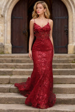 Kira Red Glitter Dress Mermaid Prom | Spaghetti Strap Sweetheart Neckline Corset Flower Gown - US0 - PromDressClub