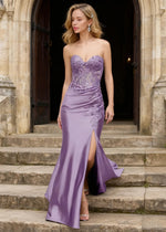 Kismet Lavender Strapless Prom Dress | Mermaid Sweetheart Neckline Lace 3D Floral Pleated Dress Split - US0 - PromDressClub