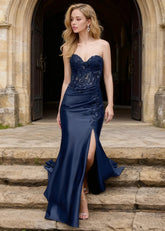 Kismet Navy Blue Strapless Prom Dress | Mermaid Sweetheart Neckline Lace 3D Floral Pleated Dress Split - US0 - PromDressClub