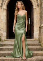 Kismet Sage Green Strapless Prom Dress | Mermaid Sweetheart Neckline Lace 3D Floral Pleated Dress Split - US0 - PromDressClub