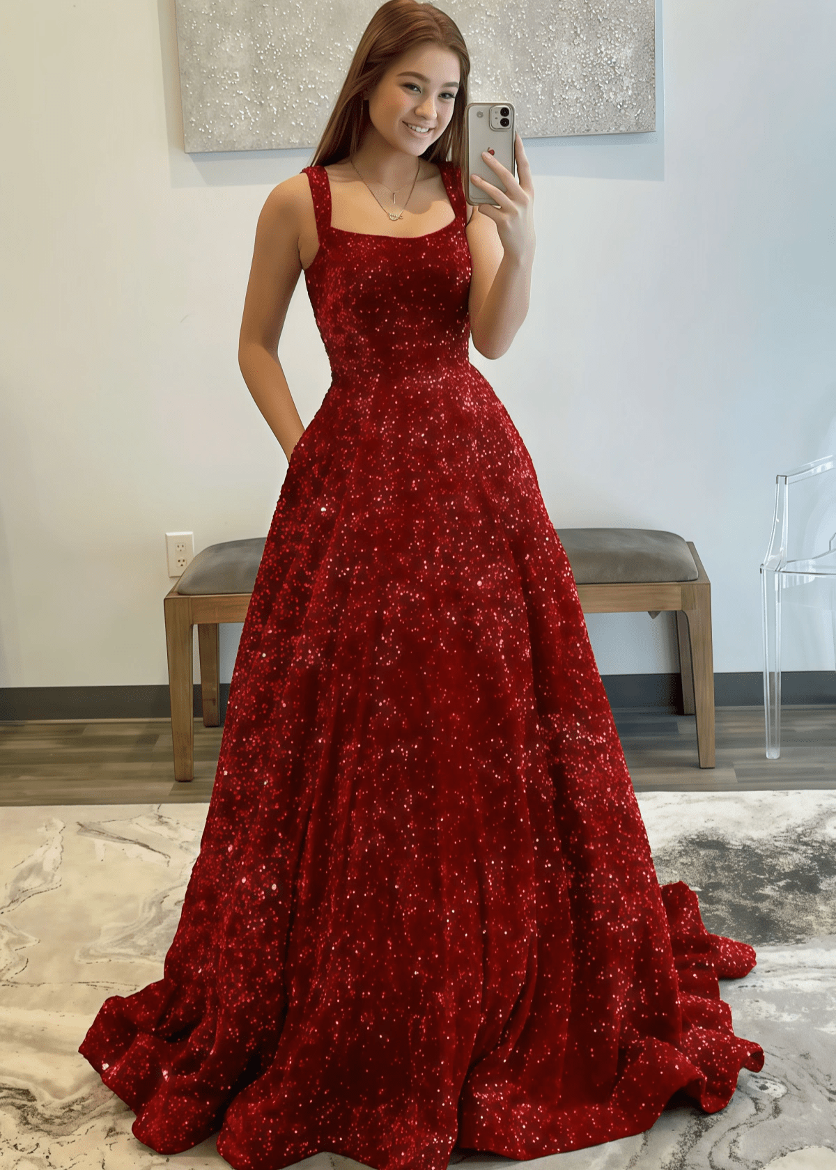 Kitty | A - line Sparkly Dark Red Long Prom Dress - Price #price_variant_lowest# - Dark Red - PromDressClub