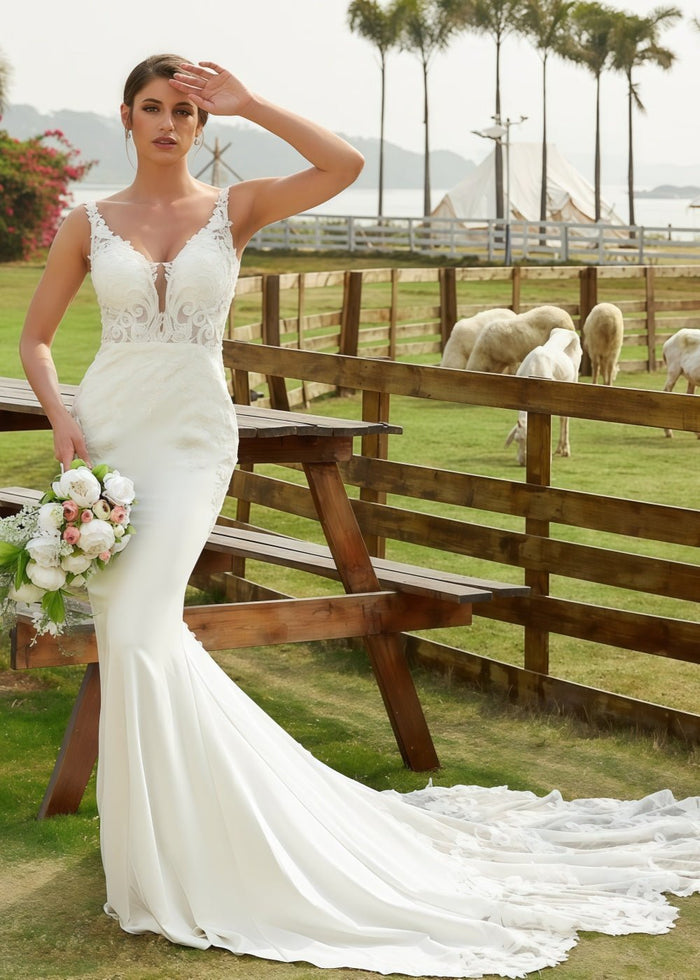 Kristin | Mermaid Scoop Neck Lace and Satin Wedding Dress with Long Train for Outdoor Weddings - Ivory - PromDressClub