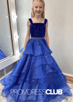 Kristin | Royal Blue Sequin Beaded Long Pageant Dresses for Girls - Royal Blue - PromDressClub
