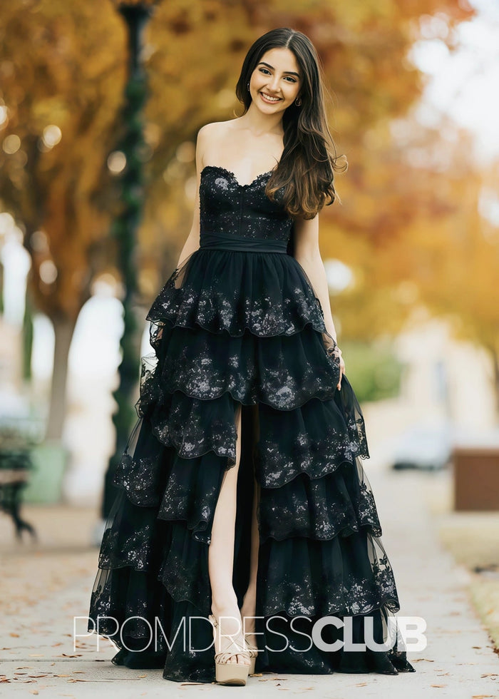 Hazel | Lace Appliques Ruffle Black Prom Dresses - Black - PromDressClub