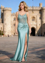 Lila Mist Green Mermaid Lace Beaded Prom Dress | Spaghetti Straps V - Neck Pleated Satin Dress with Slit - US0 - PromDressClub