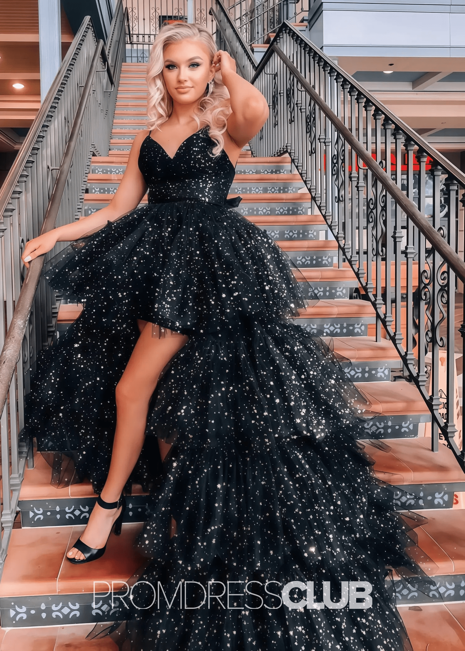 Lillian |Black Long Prom Dresses Near Me With A Line Spaghetti Straps Tiered Tulle High Low - Price #price_variant_lowest# - Black - PromDressClub