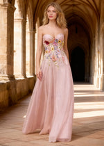 Lilo Strapless Pink Floral Prom Dress | A - Line Sweetheart Neckline Corset 3D Flower Gown - Pink Floral - PromDressClub