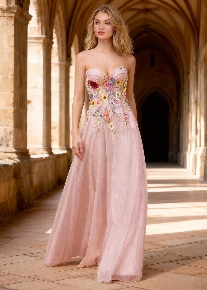 Lilo Strapless Pink Floral Prom Dress | A - Line Sweetheart Neckline Corset 3D Flower Gown - Pink Floral - PromDressClub