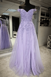 Rebecca | A Line Backless Lavender Off the Shoulder Corset Prom Dress with Slit - Lavender - PromDressClub