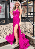 Lucy | Mermaid Appliques Lace Hot Pink Long Prom Dress - Price #price_variant_lowest# - Hot Pink - PromDressClub