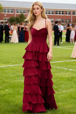 Luminance Dark Red Tiered Ruffled Cowl Neck Prom Dress | A - Line Spaghetti Straps Corset Pleated Satin Dress with Slit - US0 - PromDressClub