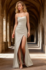 Luna White Satin Sheath Spaghetti Strap Prom Dress | Sexy Scoop Neck Pleated Open Back Slit Gown - US0 - PromDressClub