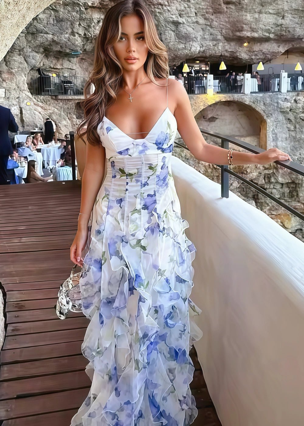 Maeve | Stunning Light Blue Floral Open Back Prom Dress with Ruffles - Light Blue Floral - PromDressClub